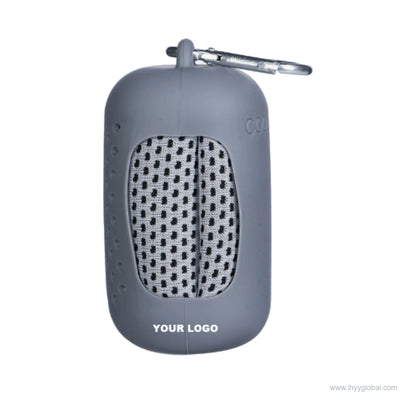 Gray portable cooling towel storage case with carrying clip