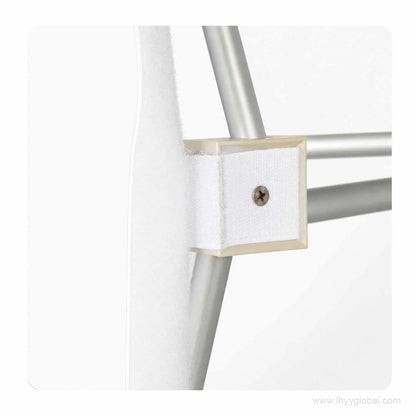 Close-up of fabric attachment and frame connector on a straight pop-up trade show display