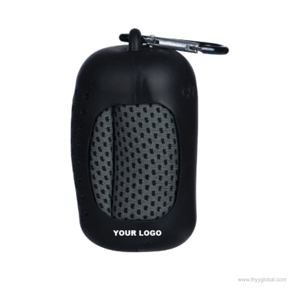 Black portable cooling towel storage case with carrying clip