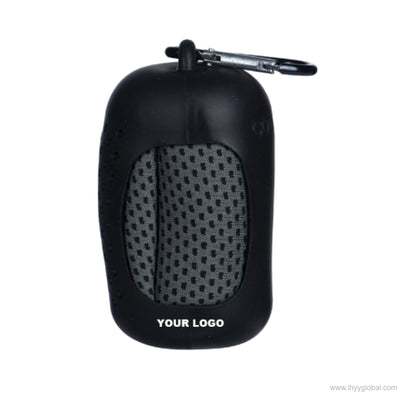 Black portable cooling towel storage case with carrying clip