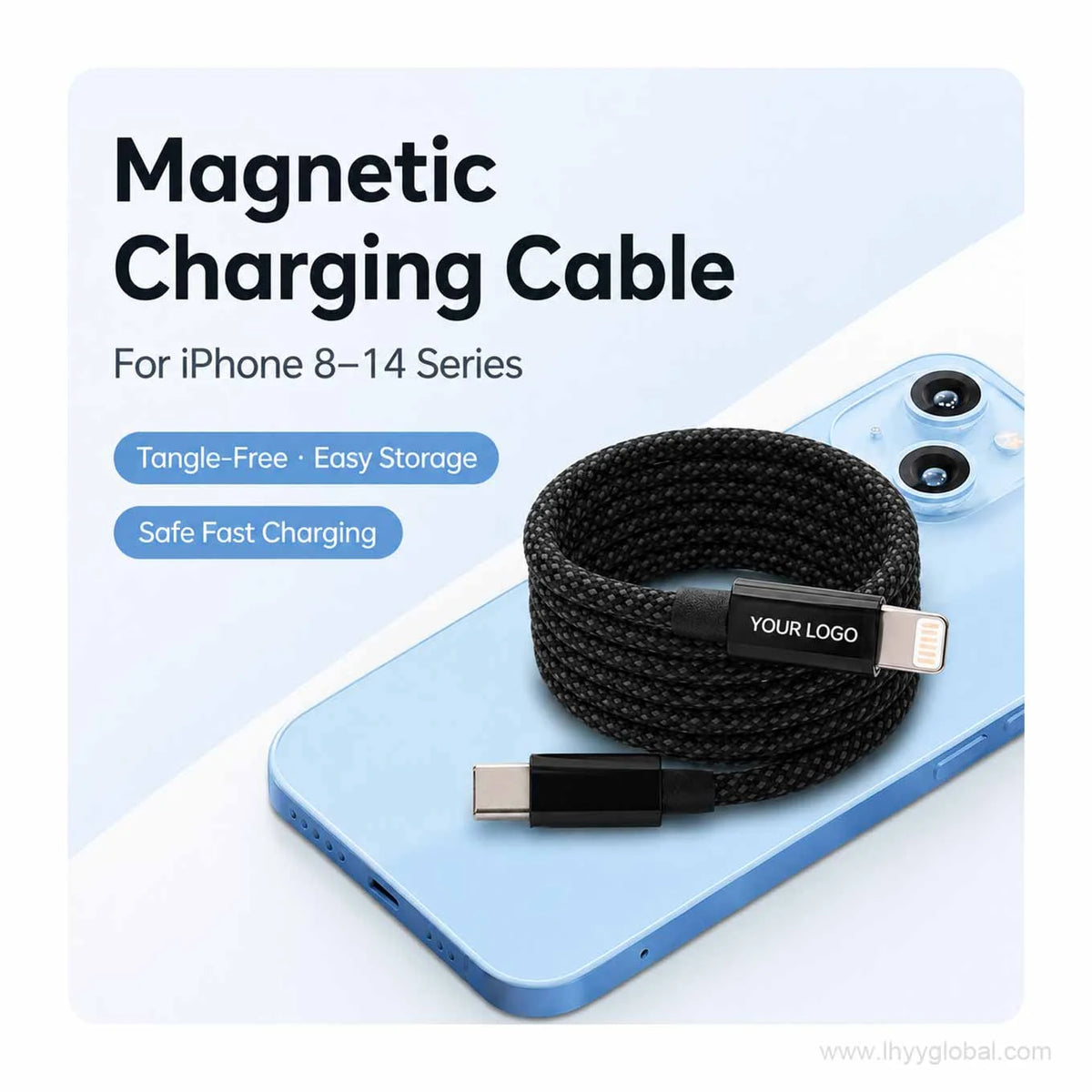 Midnight black magnetic self-coiling braided charging cable with USB-C and iPhone-style connector ends.