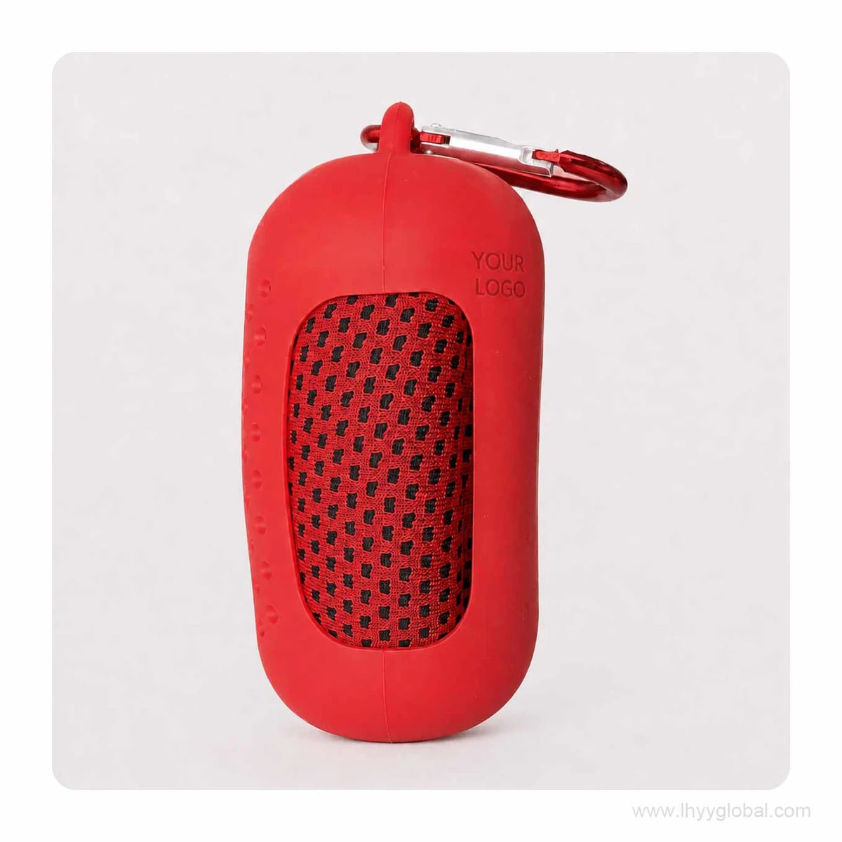 Red cooling towel in a matching silicone capsule case with carabiner
