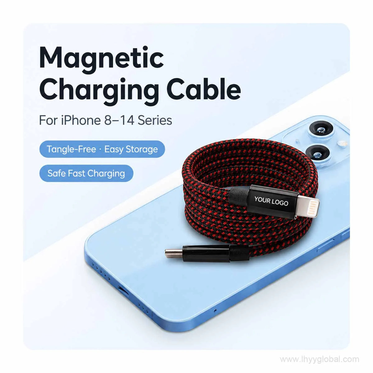 Red and black magnetic self-coiling braided charging cable with USB-C and iPhone-style connector ends.