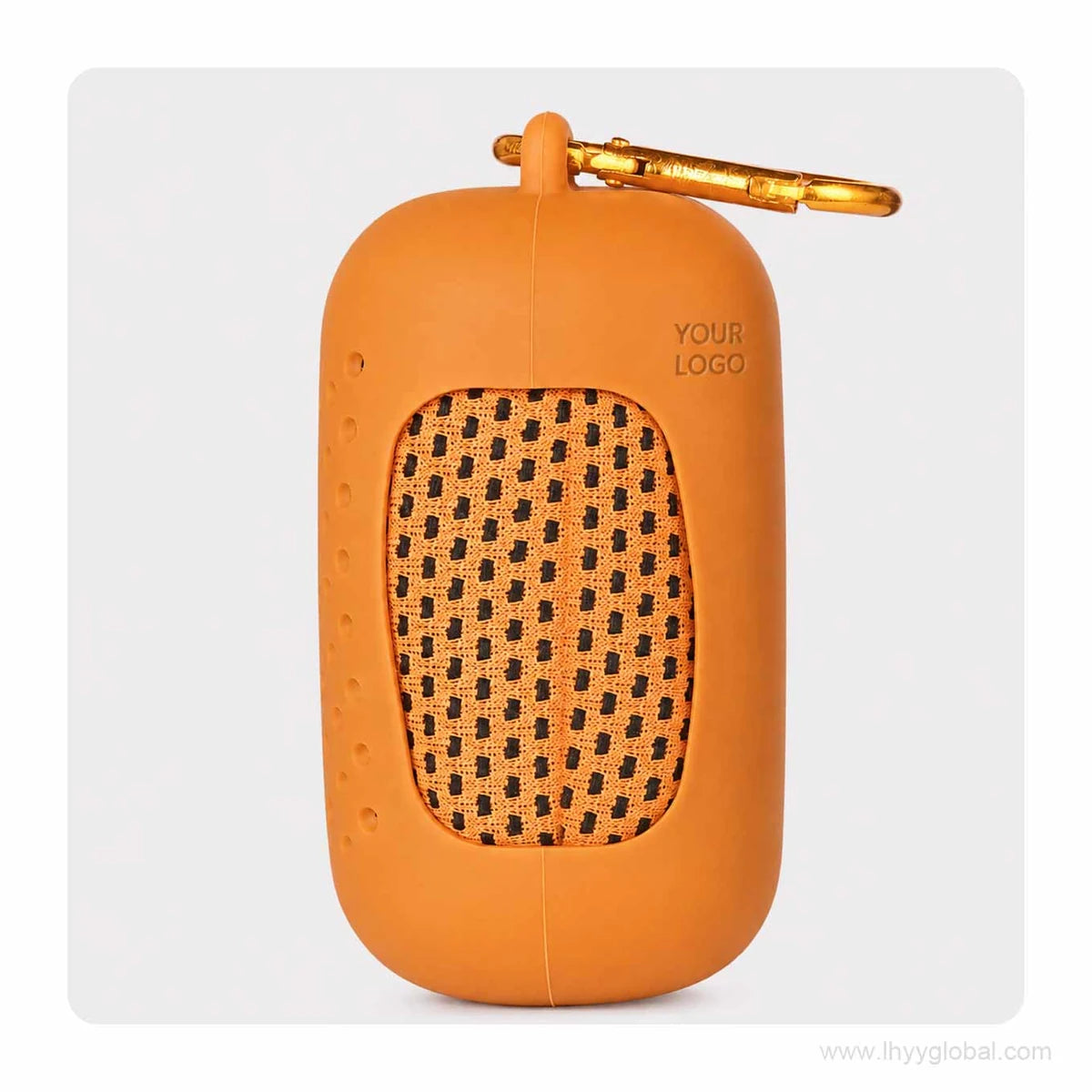 Orange cooling towel in a matching silicone capsule case with carabiner