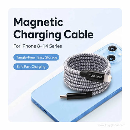 Light gray magnetic self-coiling braided charging cable with iPhone-style connector and customizable logo area.