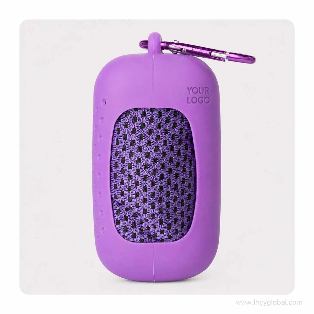 Purple cooling towel in a matching silicone capsule case with carabiner