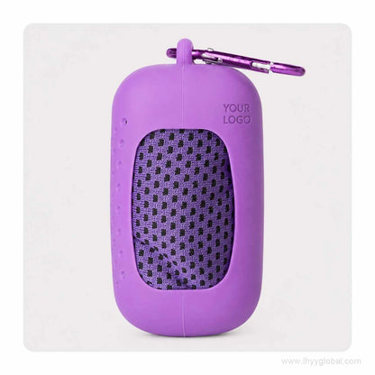 Purple cooling towel in a matching silicone capsule case with carabiner