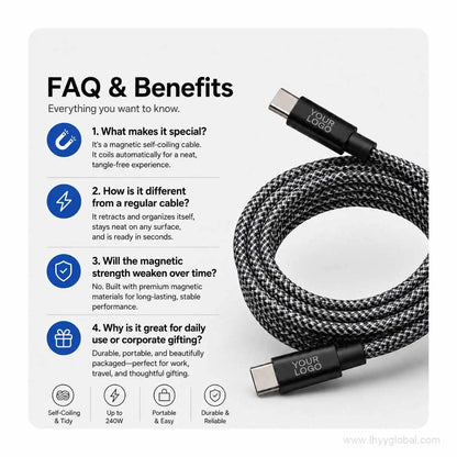 Magnetic self-coiling braided charging cable FAQ and benefits graphic with customizable YOUR LOGO connector area.