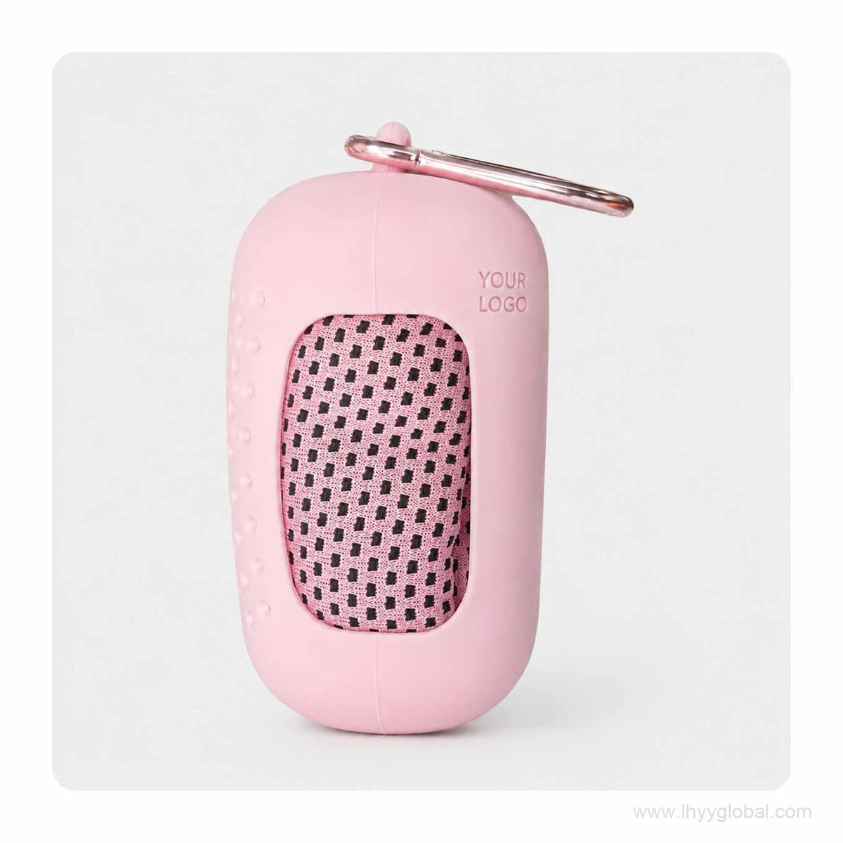 Pink cooling towel in a matching silicone capsule case with carabiner