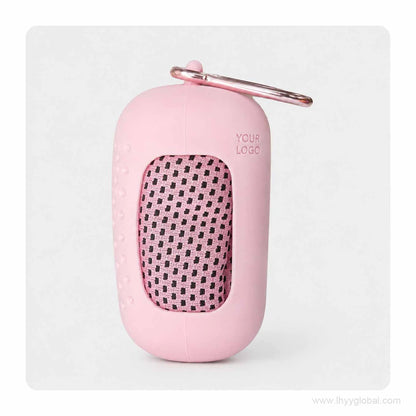 Pink cooling towel in a matching silicone capsule case with carabiner