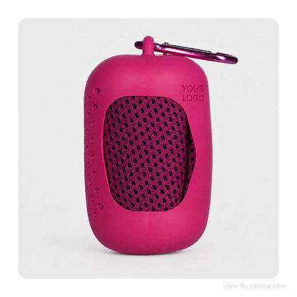 Hot pink cooling towel in a matching silicone capsule case with carabiner