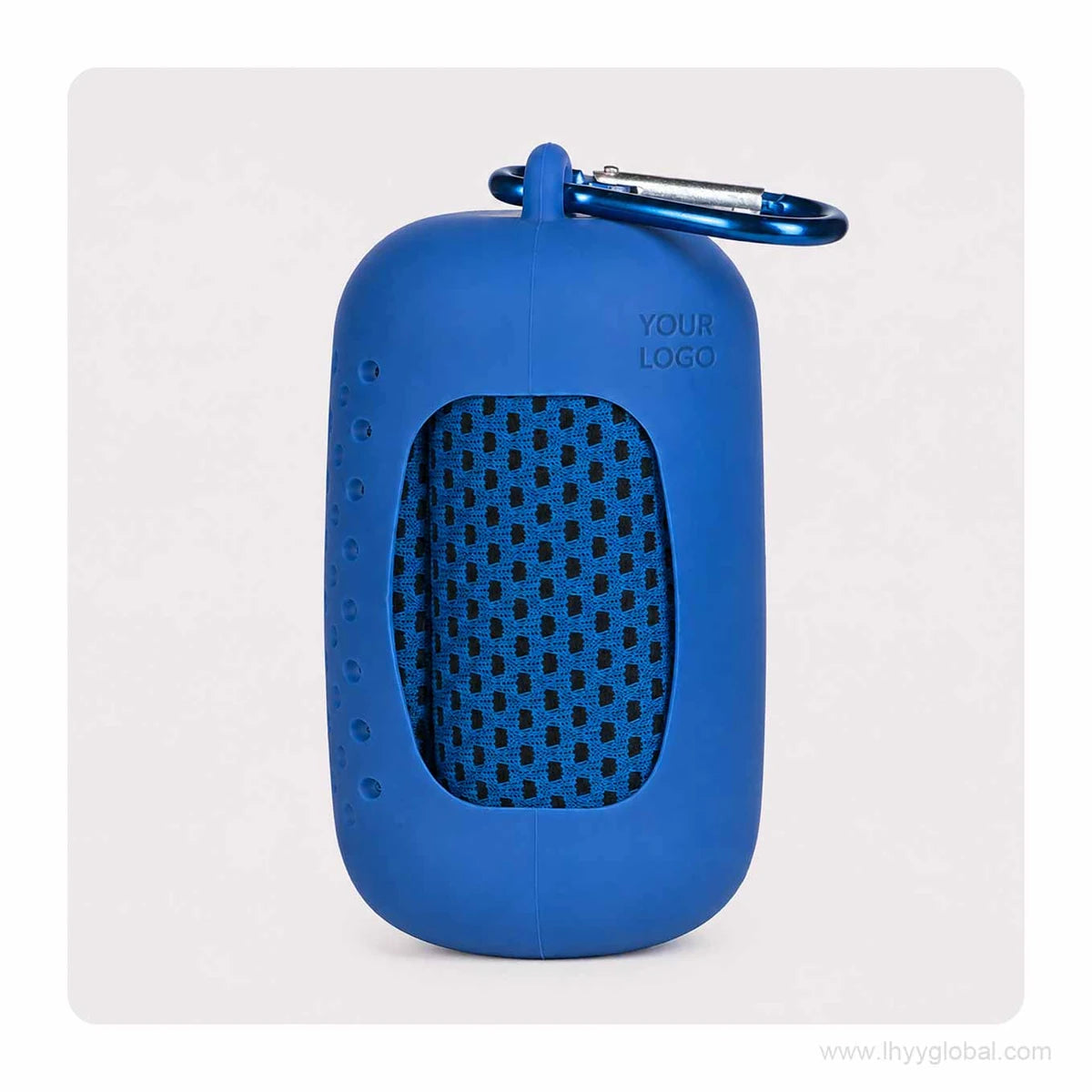 Royal blue cooling towel in a matching silicone capsule case with carabiner