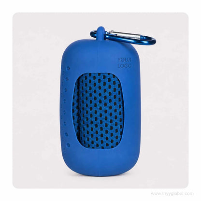 Royal blue cooling towel in a matching silicone capsule case with carabiner