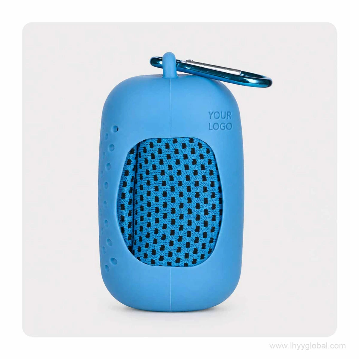 Light blue cooling towel in a matching silicone capsule case with carabiner