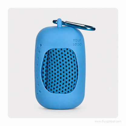 Light blue cooling towel in a matching silicone capsule case with carabiner