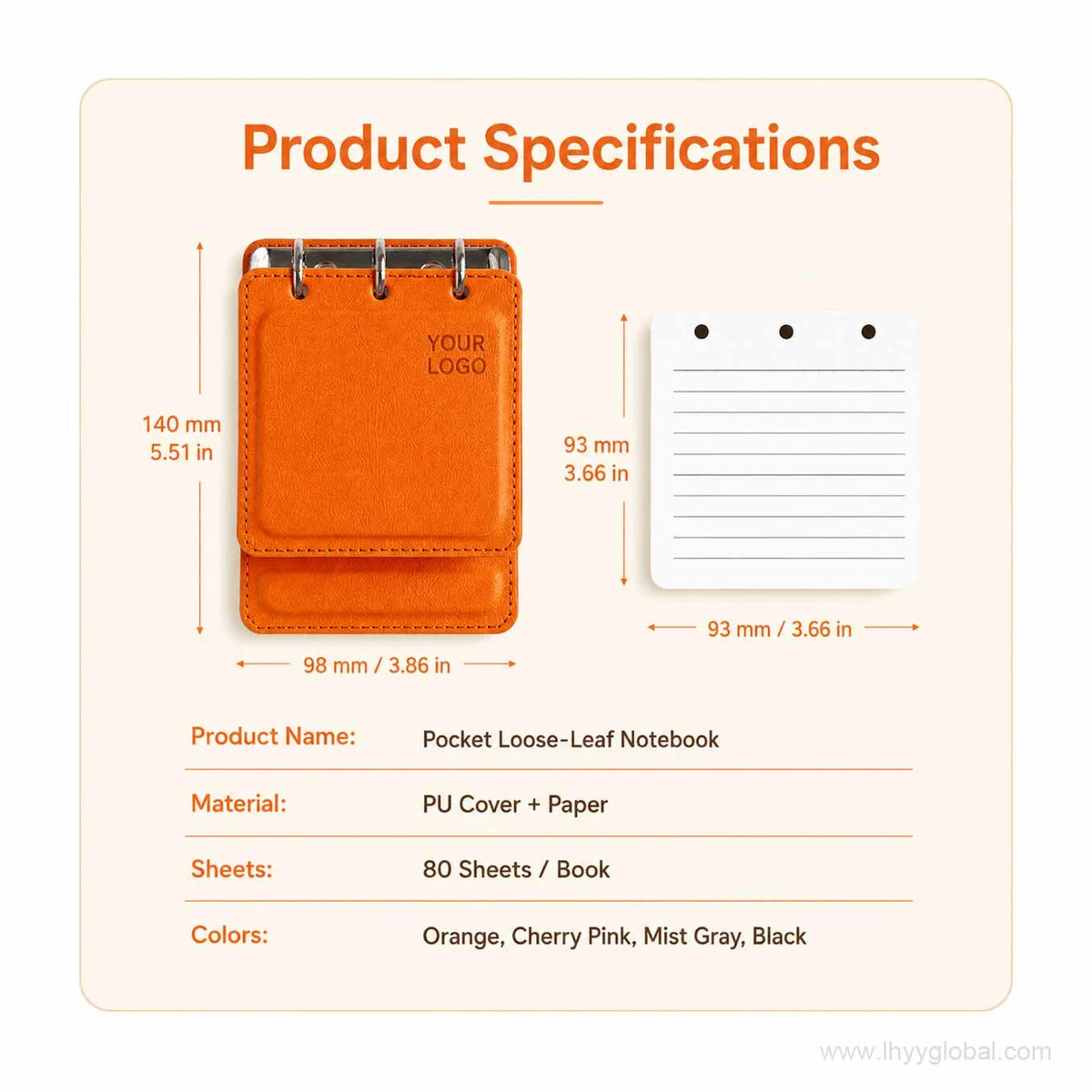 Pocket loose-leaf notebook specifications showing 140 × 98 mm PU cover, 93 × 93 mm lined pages, 80 sheets and four color options.