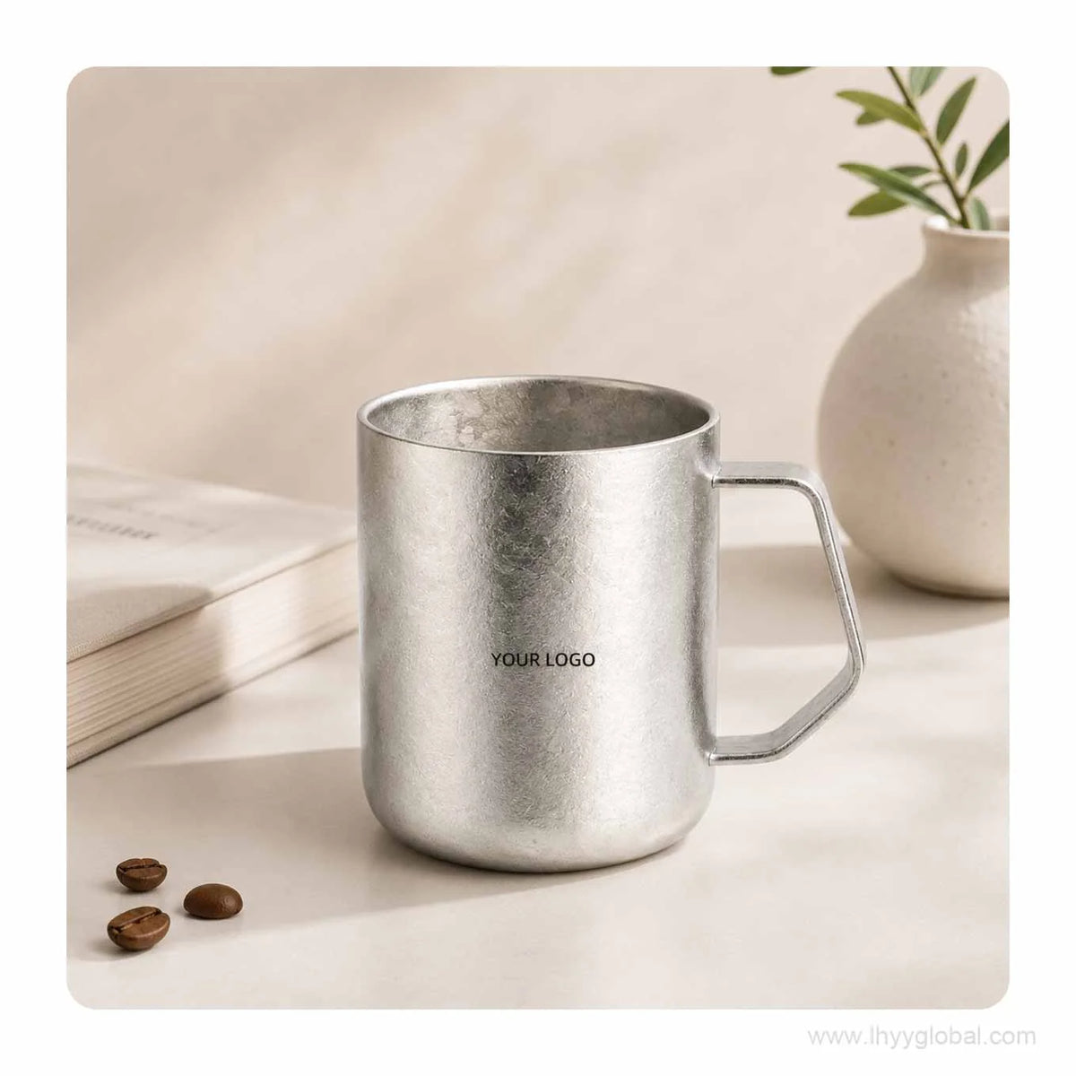 430 mL custom logo pure titanium double-wall mug in silver finish on a desk