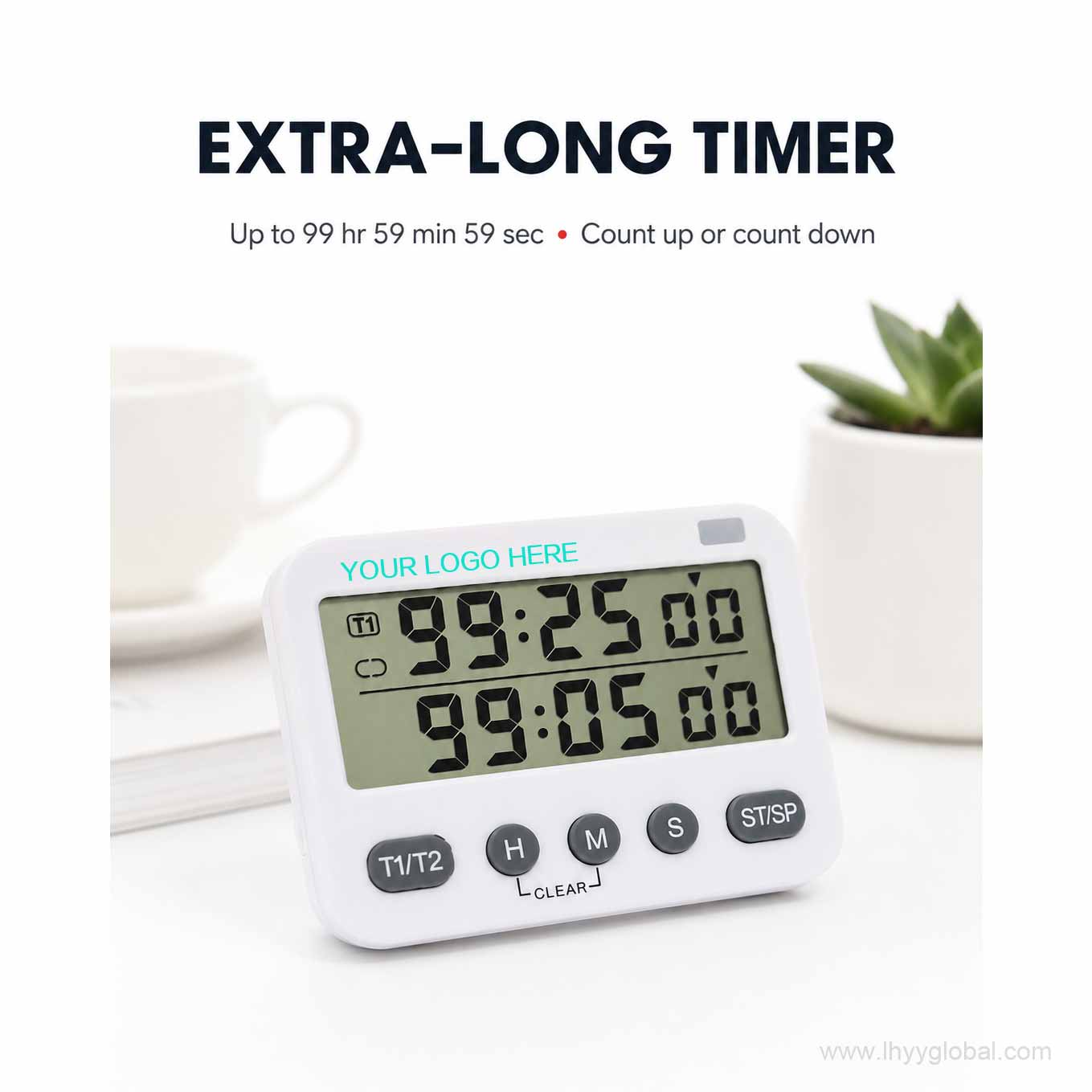 White digital dual timer with up to 99 hours 59 minutes 59 seconds count-up and countdown functions