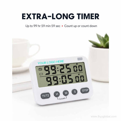 White digital dual timer with up to 99 hours 59 minutes 59 seconds count-up and countdown functions