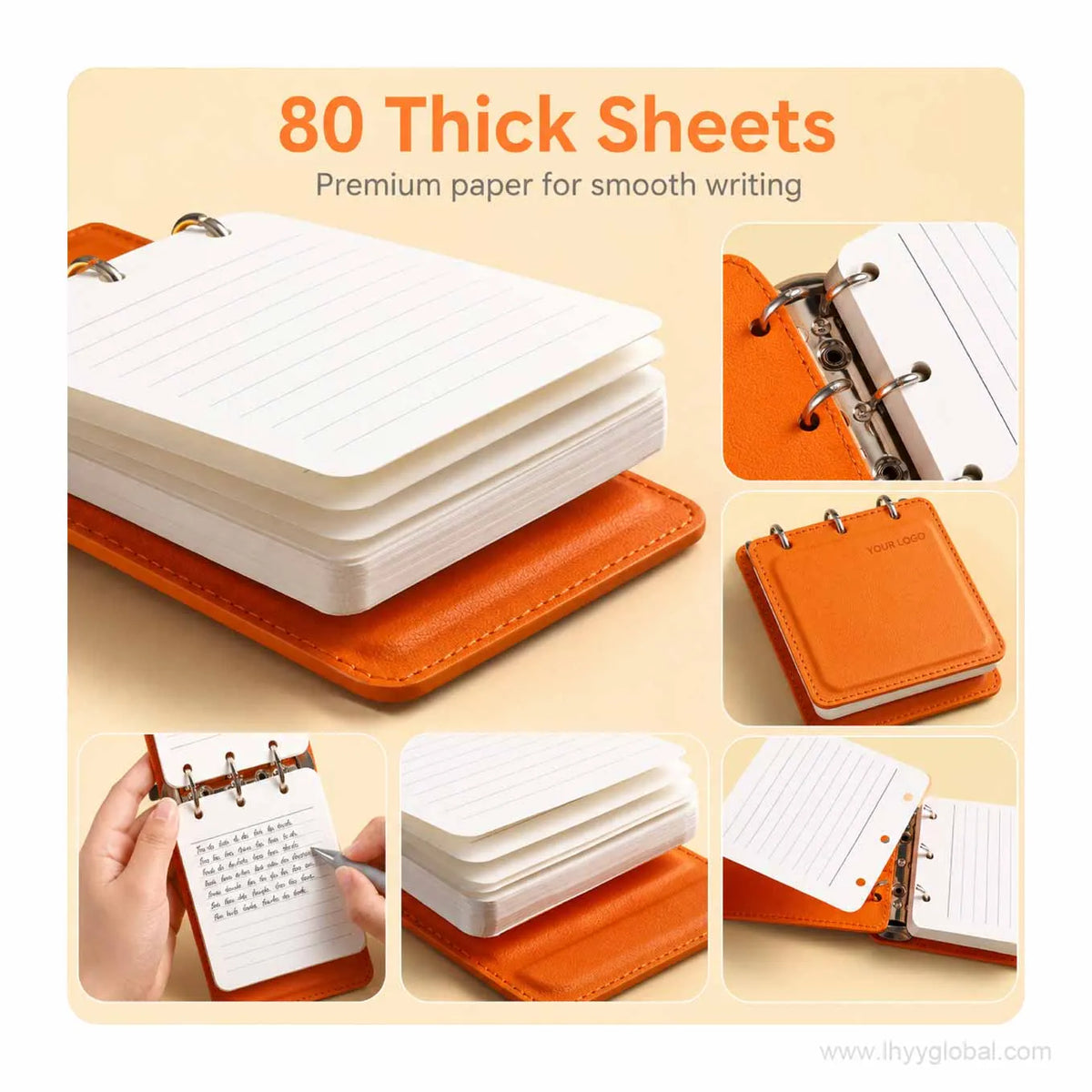 Orange custom logo pocket loose-leaf notebook showing thick lined refill pages and three-ring binder details.