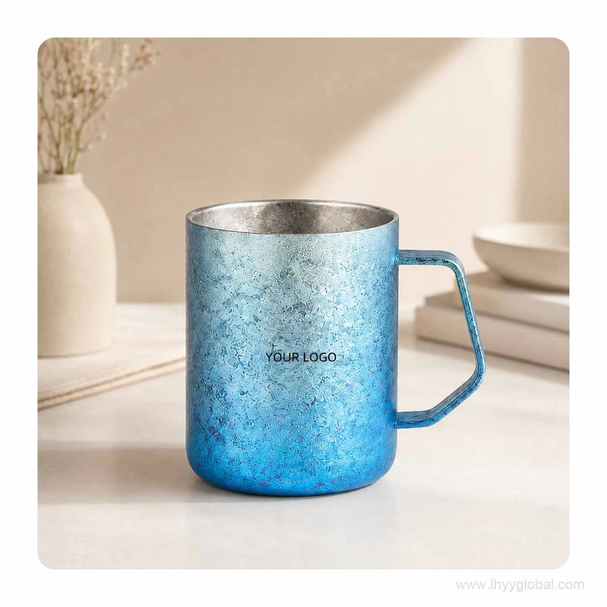 430 mL custom logo pure titanium double-wall mug in gradient blue crystal finish