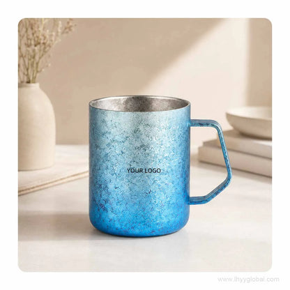 430 mL custom logo pure titanium double-wall mug in gradient blue crystal finish