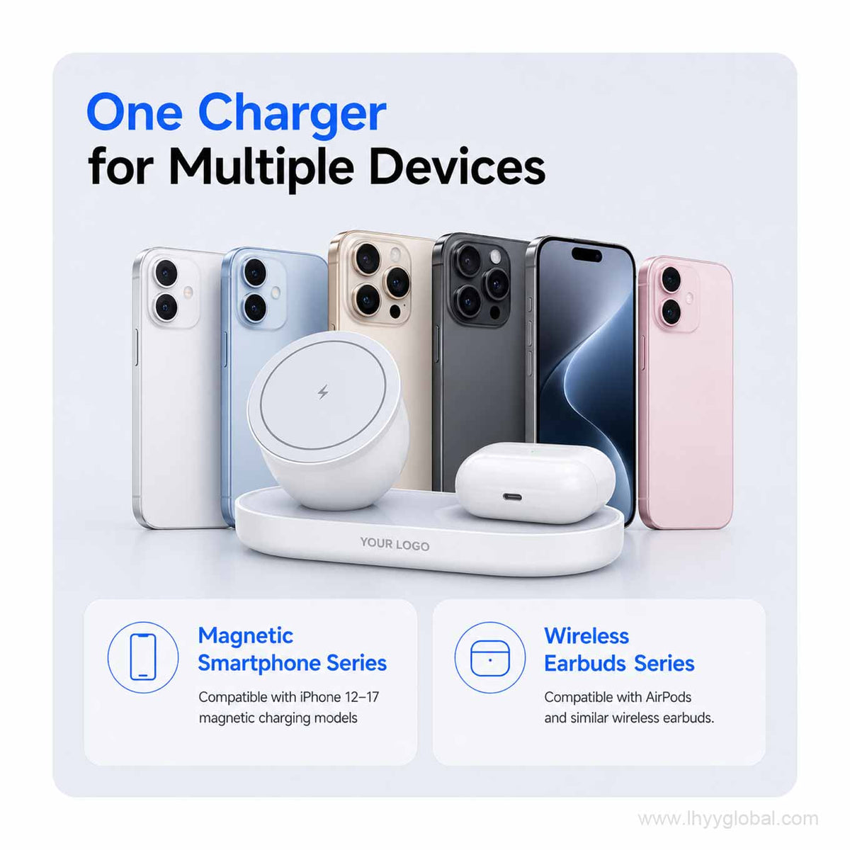 2-in-1 magnetic wireless charger compatible with iPhone magnetic charging models and wireless earbuds