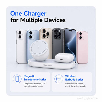 2-in-1 magnetic wireless charger compatible with iPhone magnetic charging models and wireless earbuds