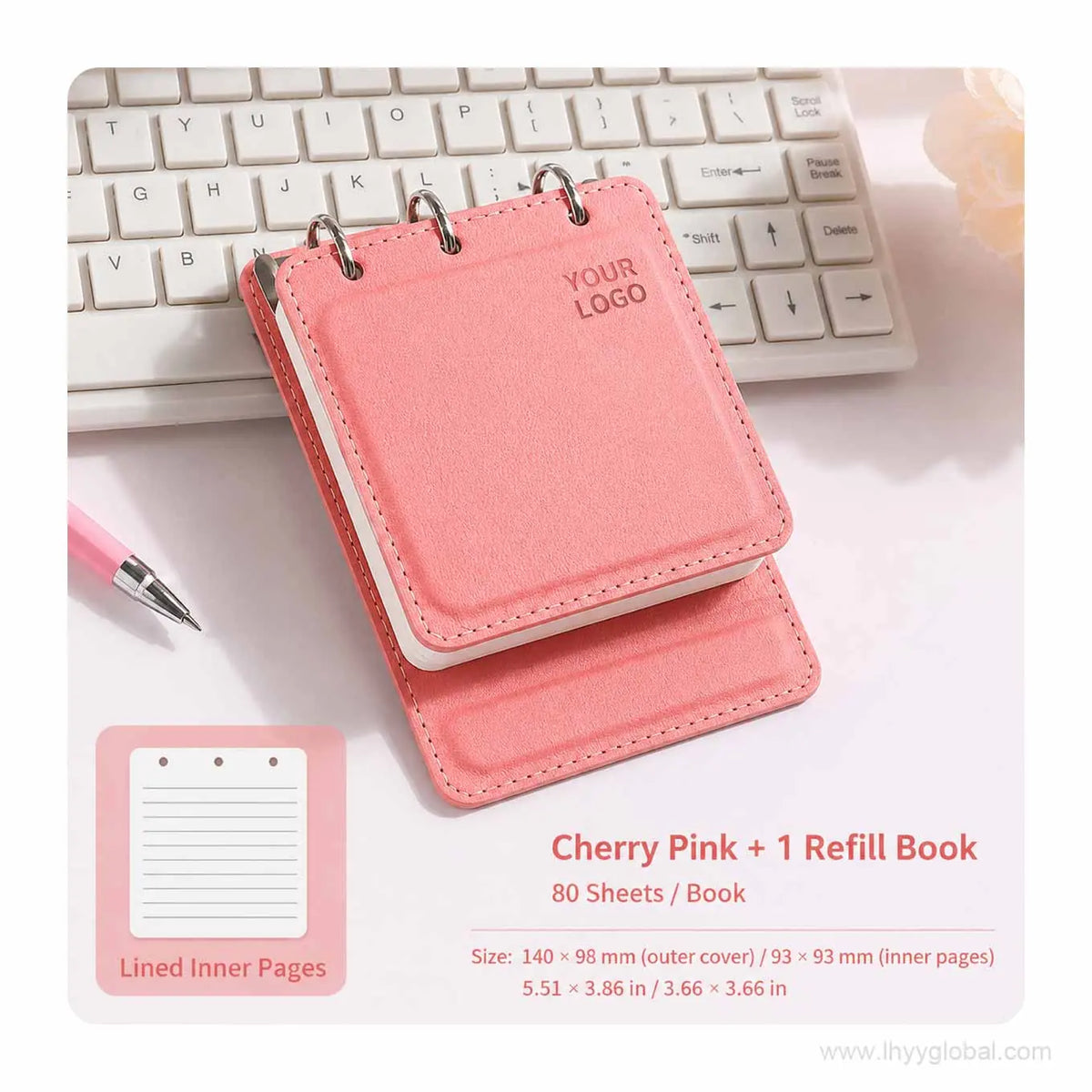 Cherry Pink custom logo pocket loose-leaf notebook with 80-sheet lined refill book on an office desk.
