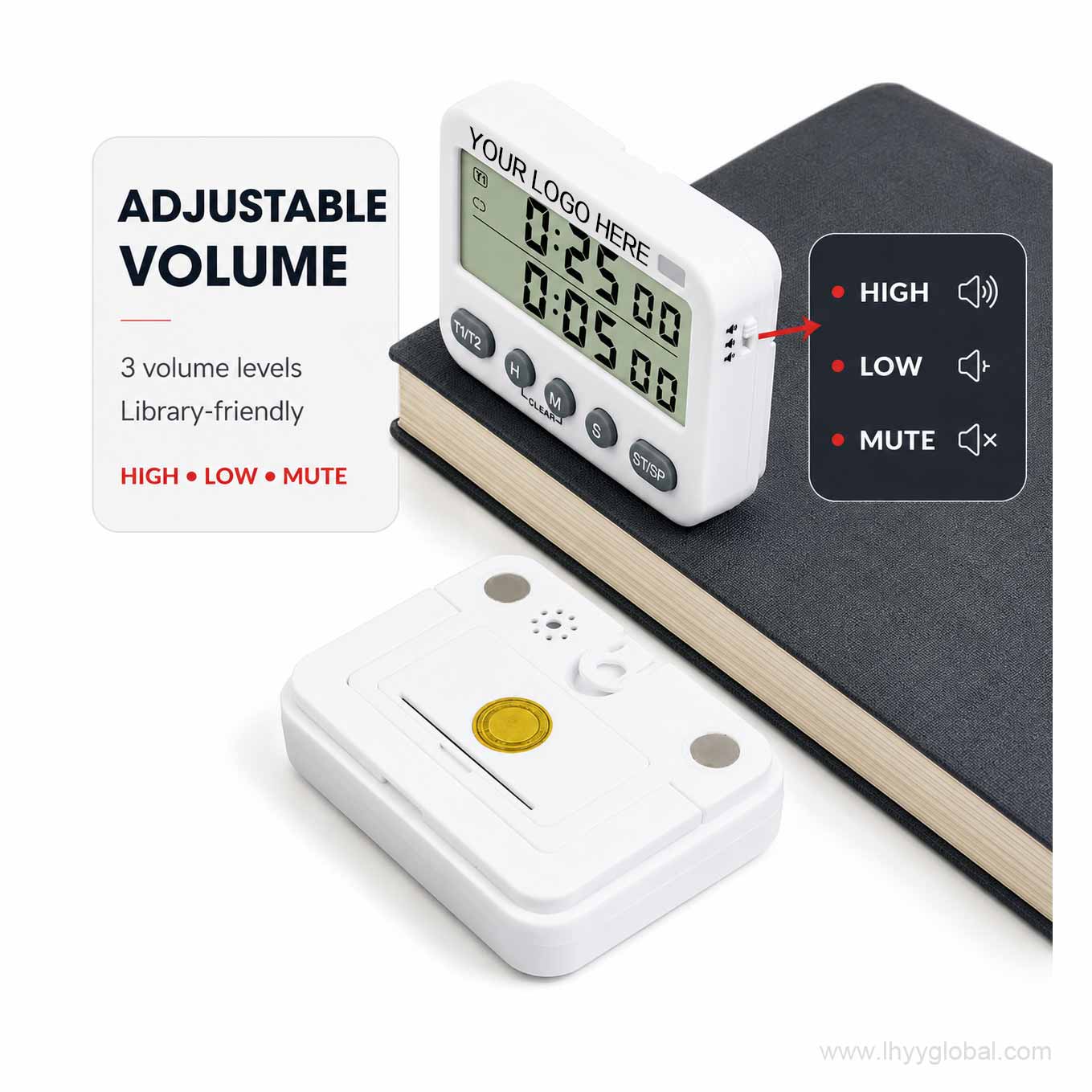 Digital dual timer showing adjustable volume dual timer display and flashing light alert