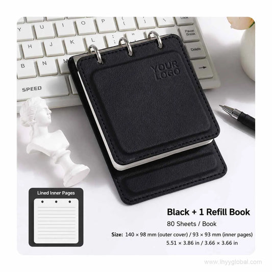 Black custom logo pocket loose-leaf notebook with 80-sheet lined refill book on an office desk.