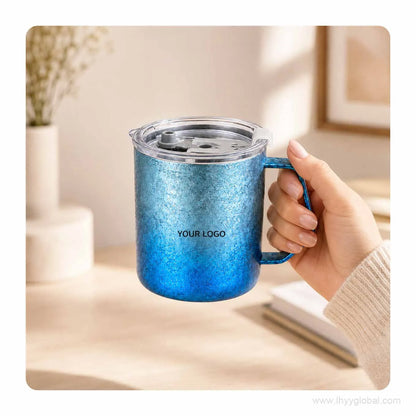 Hand holding a 430 mL gradient blue custom titanium mug with clear lid