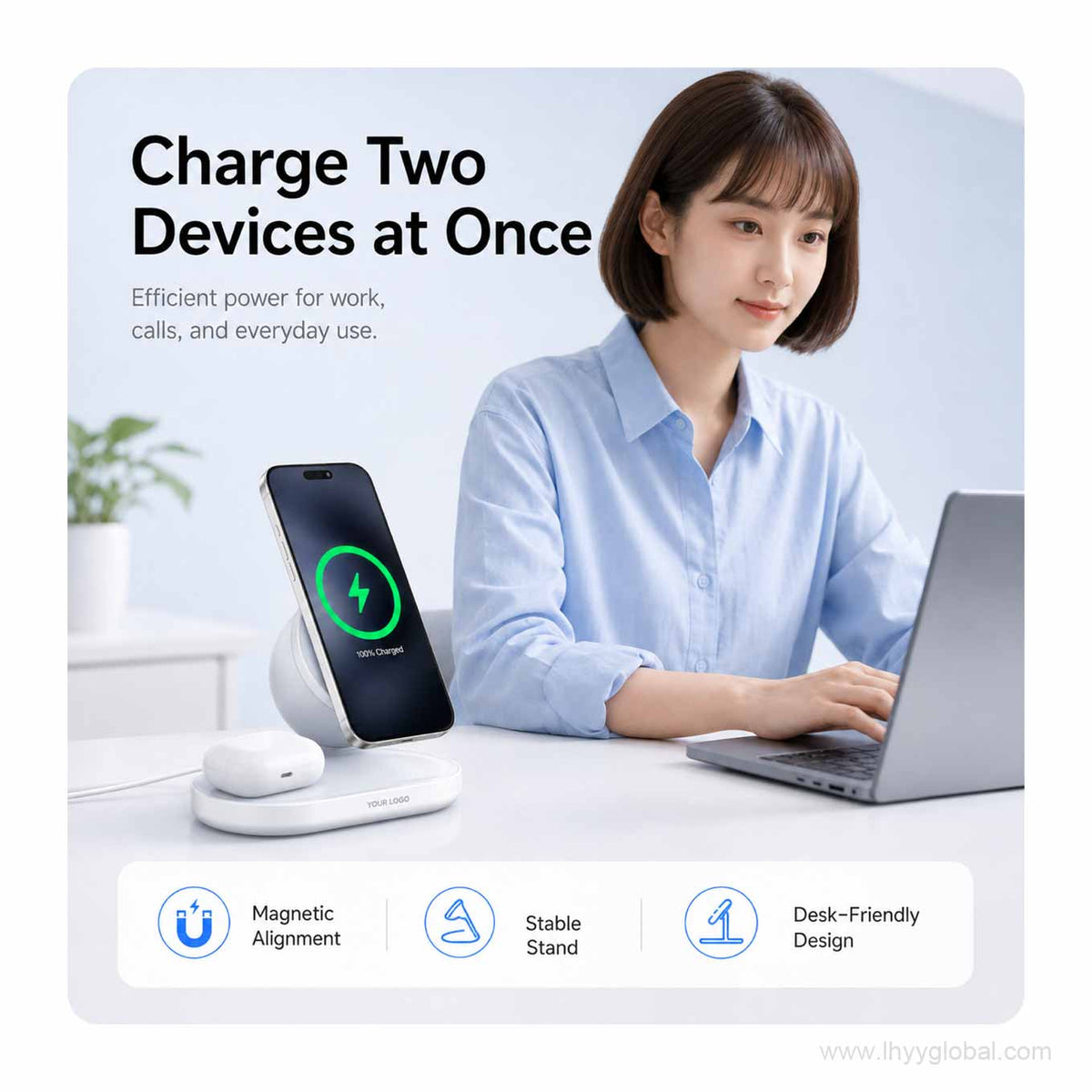 Custom logo 2-in-1 magnetic wireless charger charging phone and earbuds on an office desk