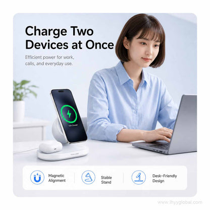 Custom logo 2-in-1 magnetic wireless charger charging phone and earbuds on an office desk