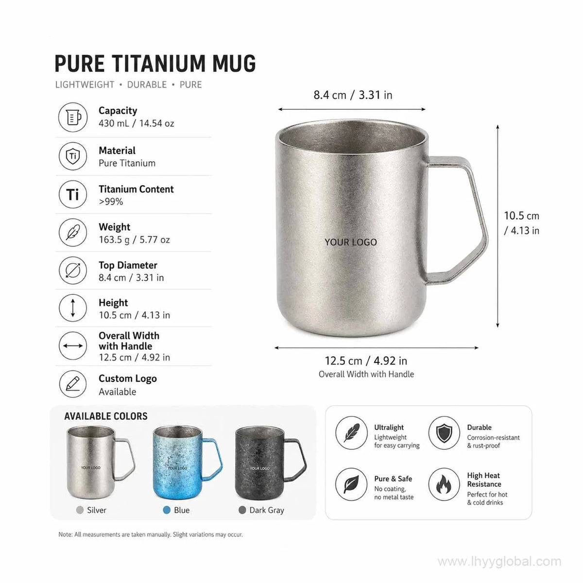 430 mL pure titanium mug specification graphic with capacity, dimensions, weight and color options