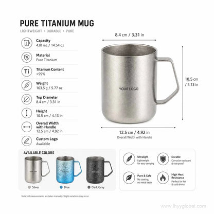 430 mL pure titanium mug specification graphic with capacity, dimensions, weight and color options