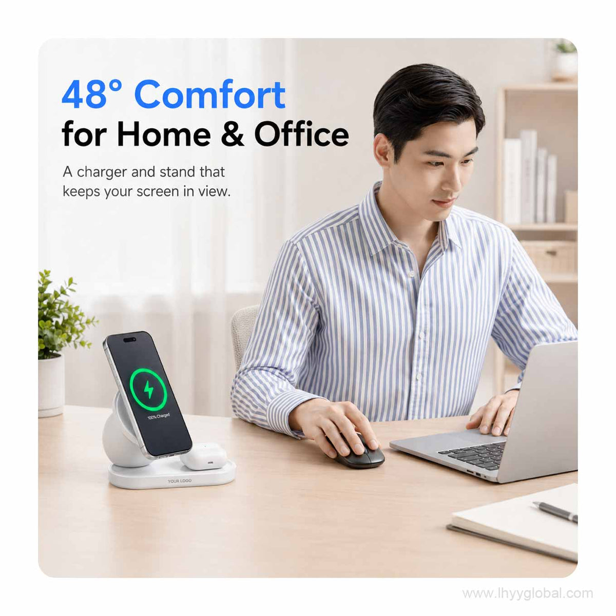 Custom branded magnetic wireless charger stand for home and office desk use