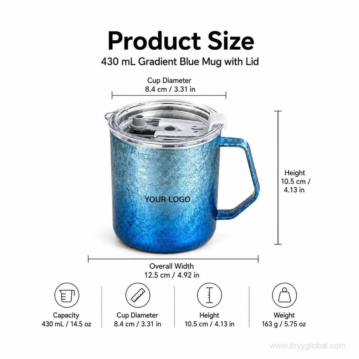 430 mL gradient blue titanium mug with clear lid showing diameter, height, width and weight