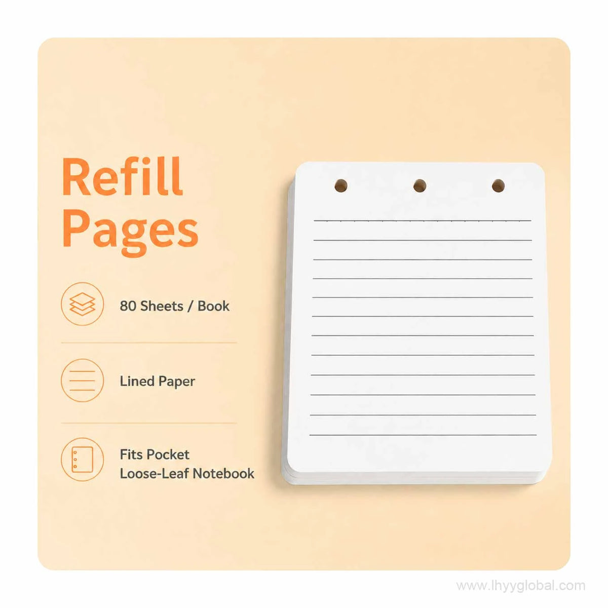 80-sheet lined refill pages with three punched holes for the pocket loose-leaf notebook.