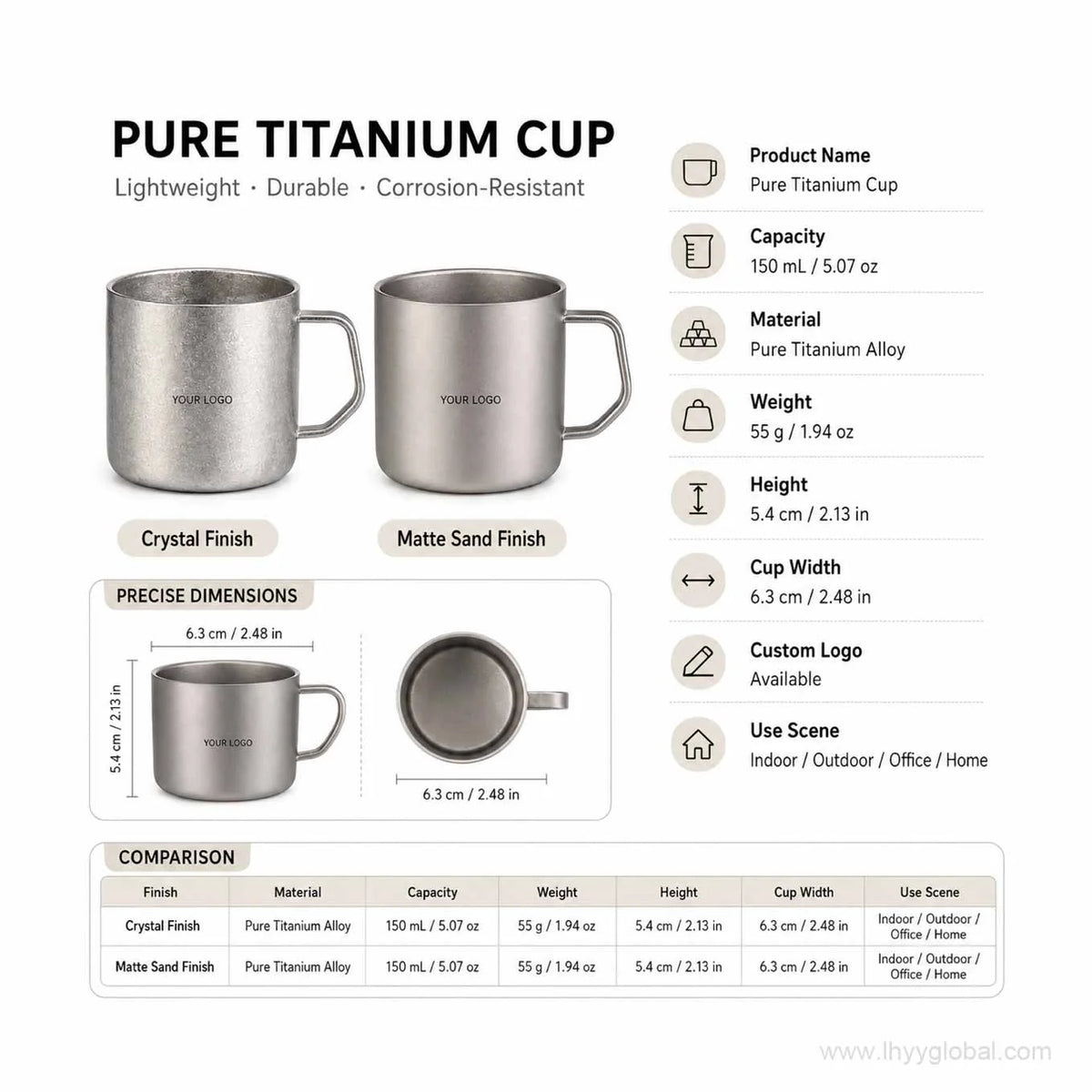 150 mL pure titanium cup specification graphic comparing crystal and matte sand finishes
