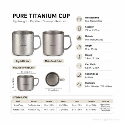 150 mL pure titanium cup specification graphic comparing crystal and matte sand finishes