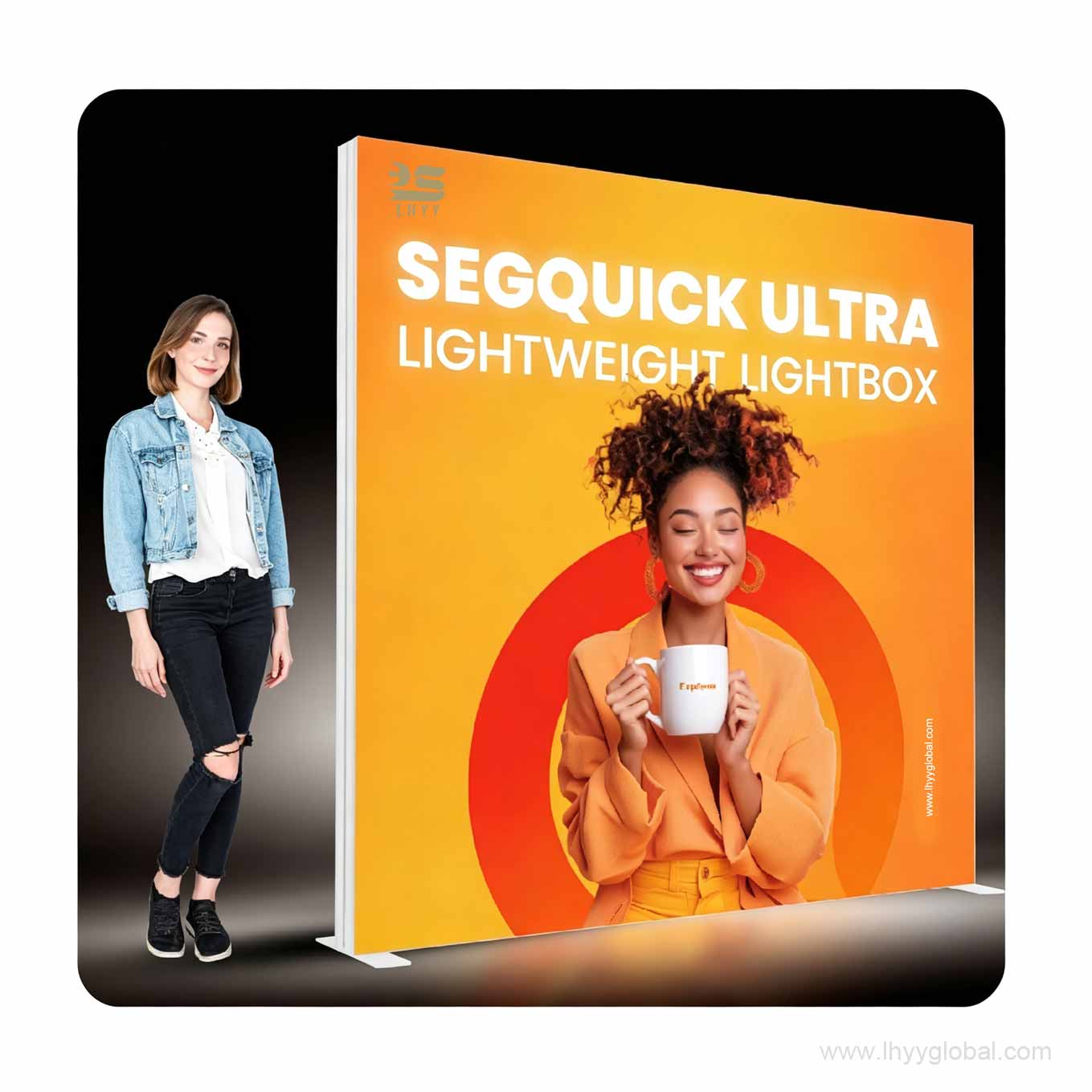 Orange branded SEG lightbox booth with illuminated fabric graphics and two people for scale.