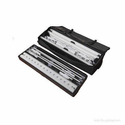 Open wheeled transport bag containing packed SEG lightbox frame sections and accessories.