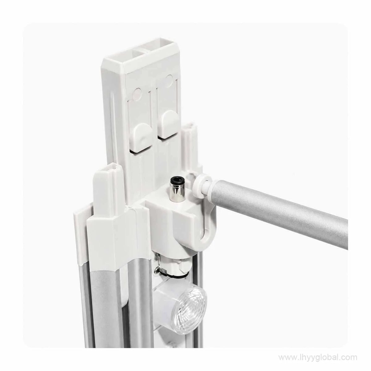 Close-up of the locking connector and support rod joint on the free-standing SEG LED lightbox frame
