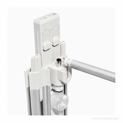 Close-up of the locking connector and support rod joint on the free-standing SEG LED lightbox frame