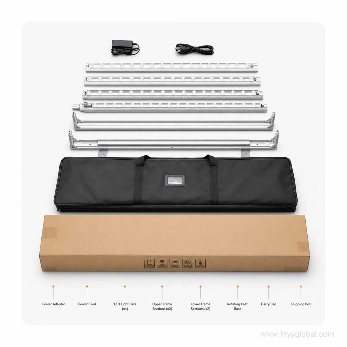 65 mm free-standing SEG LED lightbox kit with frame sections, LED light bars, power adapter, power cord, carry bag and shipping box