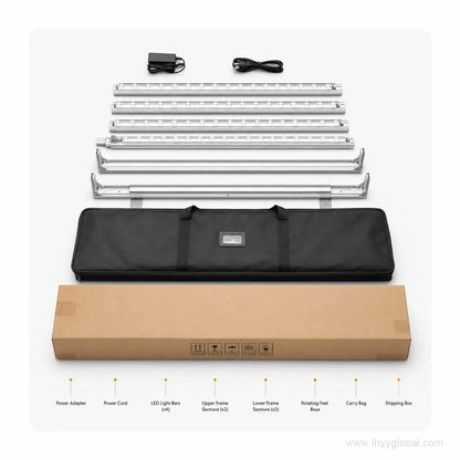 65 mm free-standing SEG LED lightbox kit with frame sections, LED light bars, power adapter, power cord, carry bag and shipping box