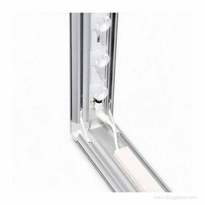 Close-up of LED light modules and power connection inside the free-standing SEG lightbox frame