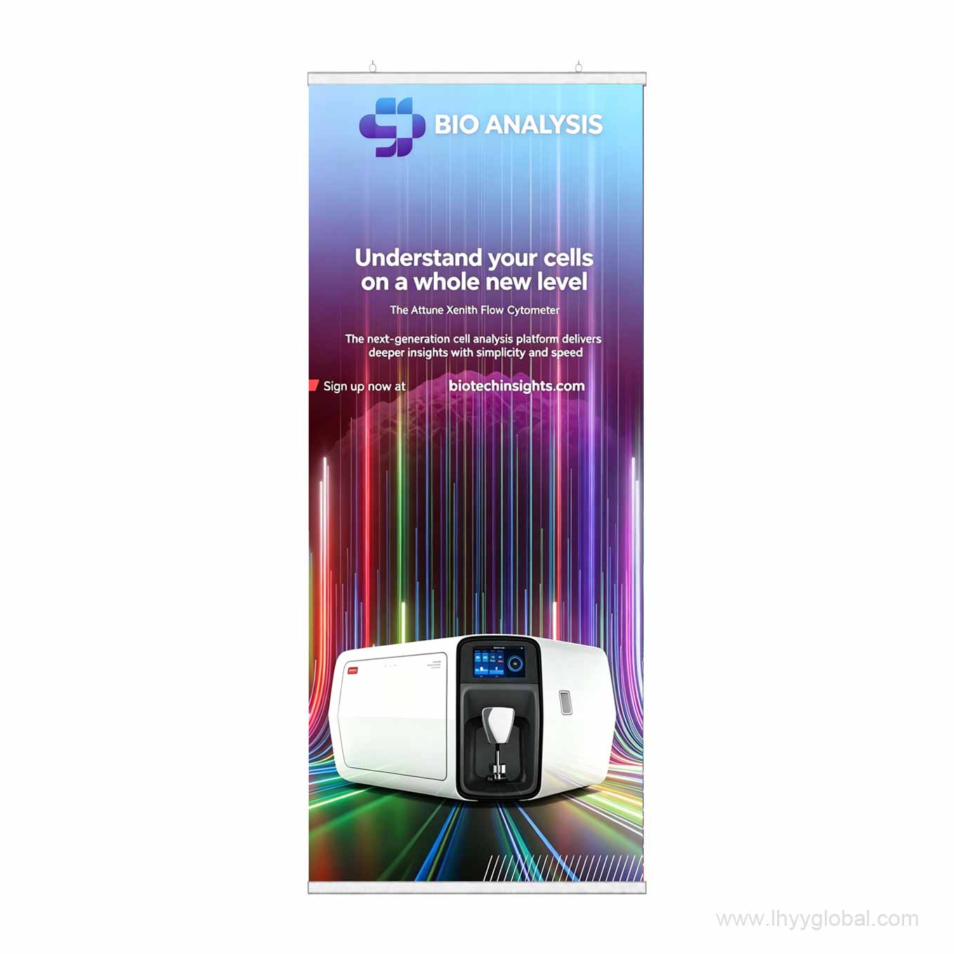 90 × 150 cm poster displayed with an aluminum poster hanger at an exhibition booth