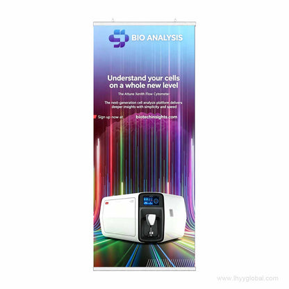 90 × 150 cm poster displayed with an aluminum poster hanger at an exhibition booth